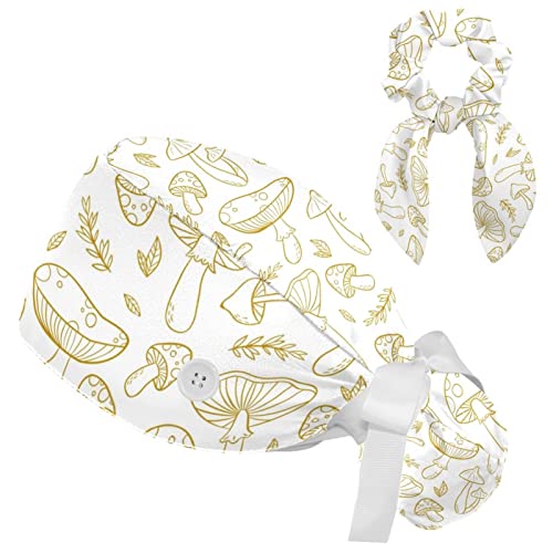 Image of Women's Working Caps Bouffant Surgical Cap with Bow Scrunchies Little Daisy Art Paint Ponytail Holder Tie Back Scrub Hat