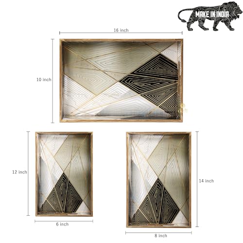 Image of Set of 3 Waterproof Lacquer Coated Wooden Trays - Geometric Abstract Design, Multipurpose MDF Serving Tray Set with Handles (16x10, 14x8, 12x6 Inches) (PremiumSetof3- Geometric)