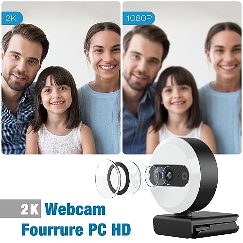 2K webcam pour pc, Caméra de Streaming avec éclairage Circulaire/trépied/Microphone, streamcam 360° Rotation, Protection de la Vie Privée, USB 2.0 Plug&Play, web camera pour ordinateur vidéoconférence – Image 3
