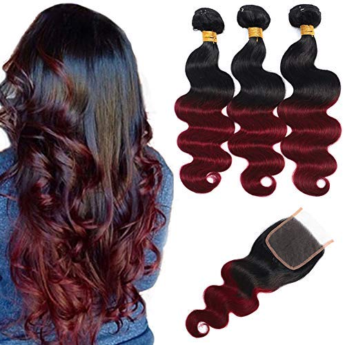 Fast Delivery Ombre Brazilian Hair Body Wave Bundles with Closure,Ombre Brazilian Virgin Hair Human Hair Weave Two Tone Black to Burgundy (T1B/99J,12 14 16+12)