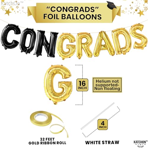 Image of Black and Gold Congrats Balloons - 16 Inch, Graduation Balloons | Congrats Grad Foil Balloons for Graduation Decorations 2026 | Black and Gold Graduation Decorations | Congrats Grad Banner - KatchOn