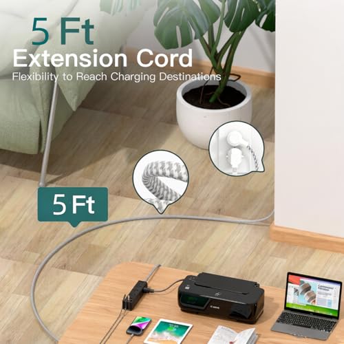 Image of Power Strip Surge Protector with 12 AC Outlets 4 USB, 5FT Extension Cord | Flat Plug Power Strip, Wall Mount Outlet Extender, 1050J, Desk Charging Station for Home Office Gaming Setup, ETL Listed