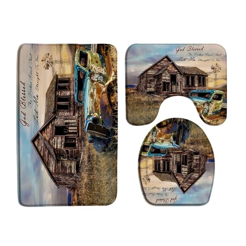 Vintage Farm Truck 3 Pcs Bath Rugs Set,Rustic Wooden Barn Old Antique Car Farmhouse Windmill American Country Bathroom Kitchen Rug with 17.8