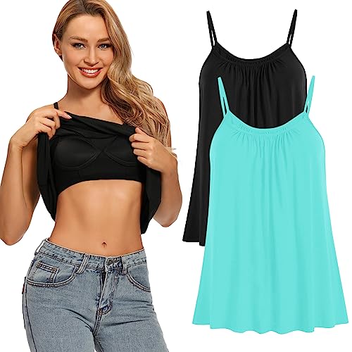 Image of Womens Loose Camisole Top with Built in Padded Bra Flowy Pleated Tank Cami Top