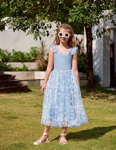 Arshiner Tween Girls Dress Ruffle Sleeve Elastic Straps Smocked A-Line Tulle Summer Long Patry Birthday Sundress2