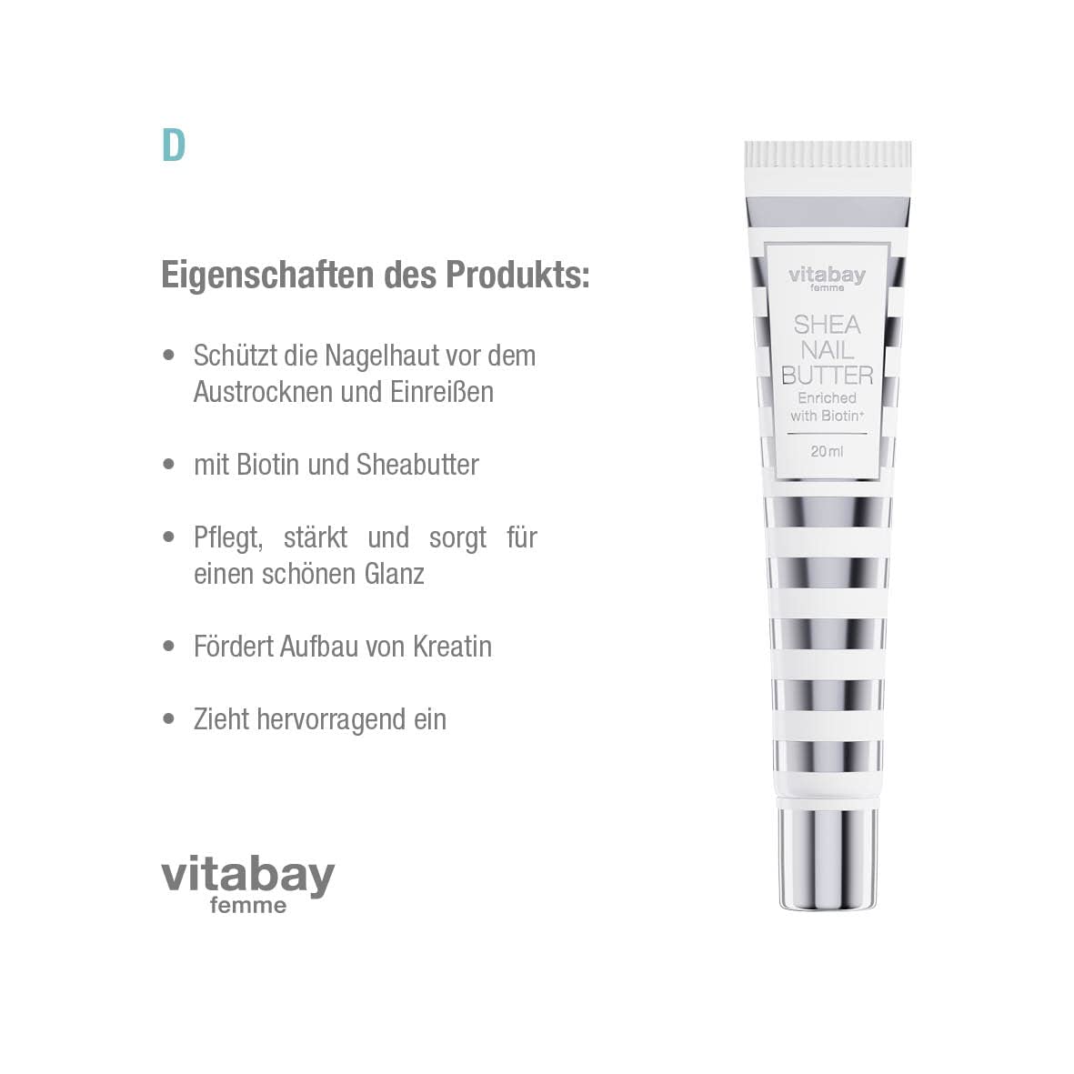 crema de uñas vitabay con biotina/vitamina H y manteca de karité para uñas quebradizas y cutículas secas y agrietadas, (manteca de karité para uñas, 20ml (1 pack))