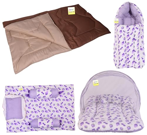 Image of Kwitchy New Born Bedding Combo of Baby Mattress with Net | Gaddi Set | Comforter (0-6 Months) Purple (4PCS Set)