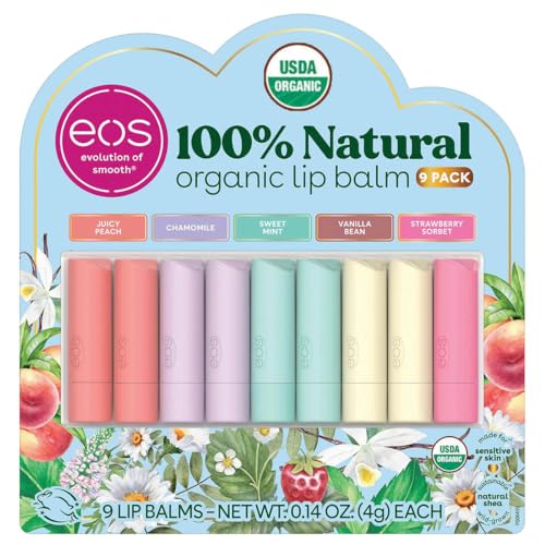 Generic eos Best of Eos Organic Lip Balm, Paraben & Phthalate Free 9 Sticks Juicy Peach Chamomile Sweet Mint Vanilla Bean Strawberry Sorbet Not Tested on Animals