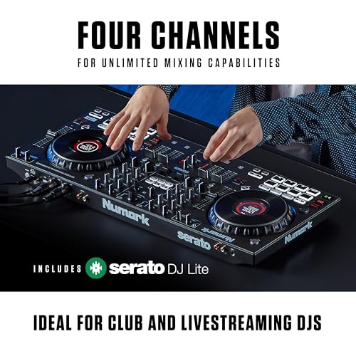 Numark NS4FX 4-Kanałowy DJ Kontroler, Dotykowe Koła Jog z Wyświetlaczem, Pady i Efekty, Wyjście Booth i Główne, w Komplecie Serato DJ Lite