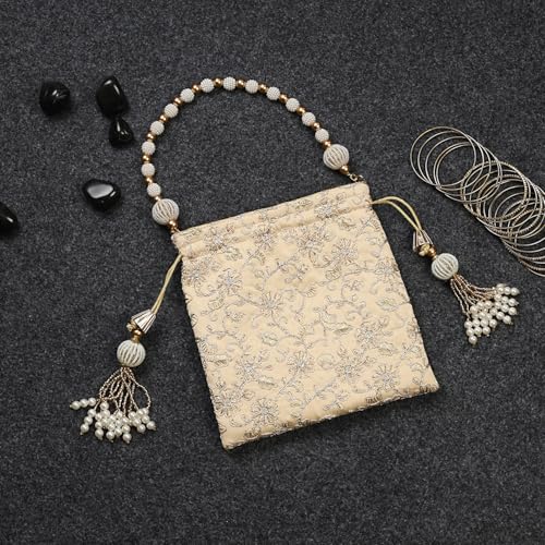 Image of LONGING TO BUY Indian Embroidered Pearl Potli Bag For Women, Sequence Design with Tassel, Wedding Potli Bags