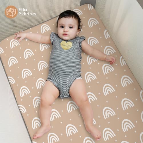 Baby Mini Crib Sheets Boy, Portable 38”x26” Pack and Play Sheets Fitted for Playard and Pack N Play Mattress, 3-Pack Soft Microfiber Orange Sun Rainbow