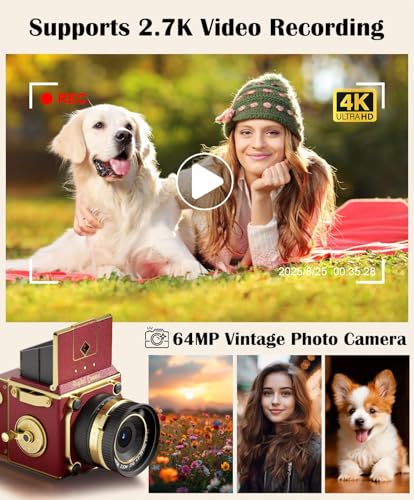 Image of Vintage Digital Camera, 64MP 2.7K Retro Point and Shoot Camera with Autofocus, 2 inch IPS Waist-Level Screen & 16GB TF Card, 16X Zoom Compact Photography Camera for Beginners Kids Teens, Butterfly Door