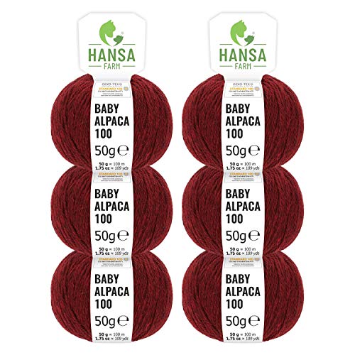 HANSA-FARM 100% Lana de Alpaca en más de 50 Colores (no Pica) - Set de 300g (6X 50g) - Suave Hilo Baby de Alpaca para Punto y Ganchillo en 6 grosores Rojo Vino (Heather)