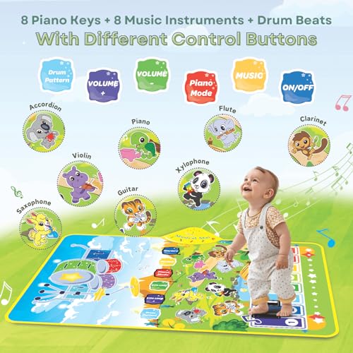Image of 3-in-1 Piano Mat for Kids, Musical Piano Mat - Drum, Piano & Instrument Sounds with 2 Sticks, Animal Prints, Educational Toy for Toddlers 12M+ Ideal for 1-3 Years - Green