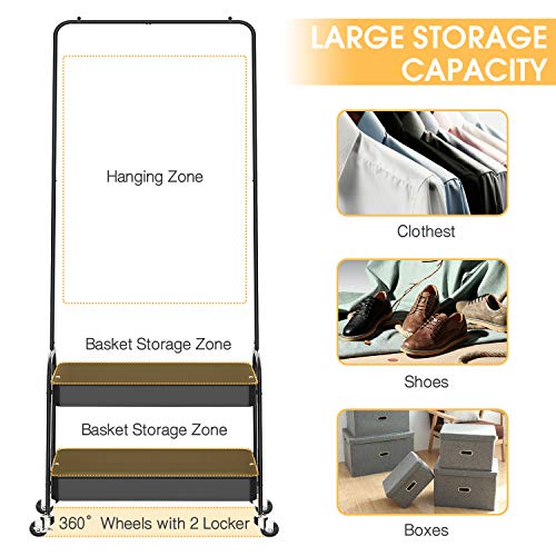 Kingrack 2-In 1 Garment Rack, Clothing Rack With 2 Tier Metal Basket, Rolling Storage Cart Clothes Organizer Coat Rack Storage Stand On Wheels, For Home Bedroom Laundry Small Place Entryway, Black #TOP1