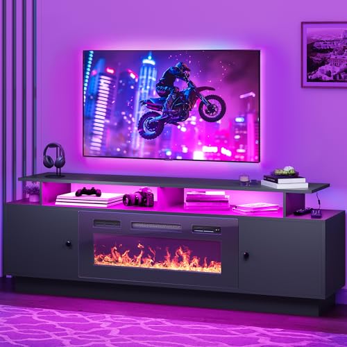 DWVO Fireplace TV Stand with 36" Electric Fireplace, Entertainment Center with LED Lights, Modern TV Cabinets for 65/75 Inch TVs for Living Room, Black
