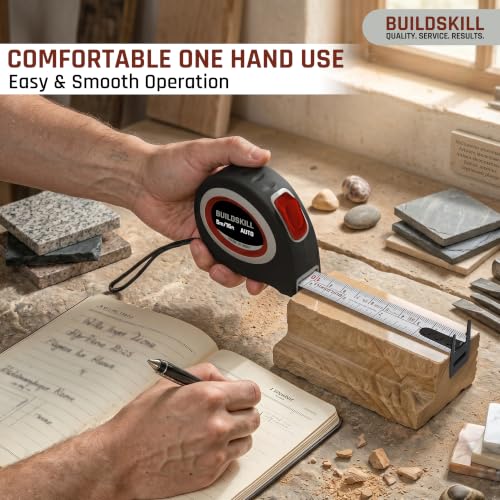 Image of BUILDSKILL 5 Meter Auto Lock Measuring Tape | Double Hook & Double Sided 19MM Wide Steel Measuring Blade | TPR Soft Grip & Unbreakable ABS Body | Belt Clip & Hand Strap for DIY & Professional Use