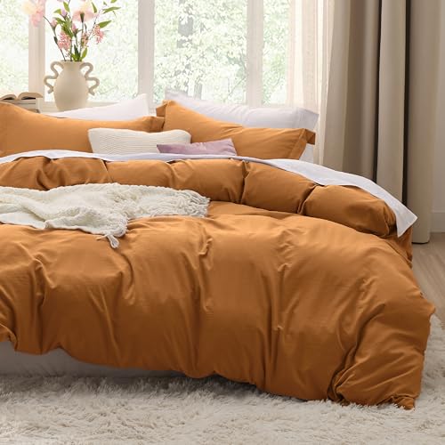 Image of Bedsure Honey Ginger Duvet Cover Full Size - 3 Pieces Prewashed Extra Soft Cotton-Like Bedding Set, Includes 1 Duvet Cover 80x90 Inches with Zipper Closure & 2 Pillow Shams, Comforter Not Included