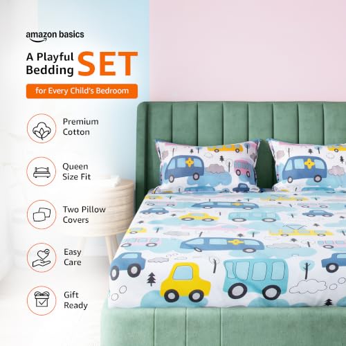 Image of Amazon Basics - 100% Cotton Kids Bedsheet | 144TC |Fitted Queen Bed Sheet with 2 Pillow Cover|Soft Cotton | Cartoon Print | 78 Inch x 60 Inch - 8 Inch Drop, Car Themed Queen Bedsheet