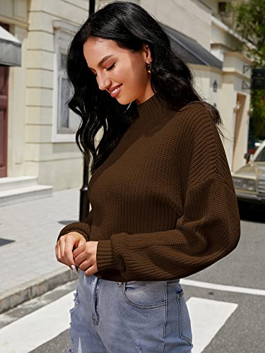 Zaful Women's Cropped Turtleneck Sweater Lantern Sleeve Ribbed Knit Pullover Sweater Jumper (1-Deep Brown, S) #TOP3