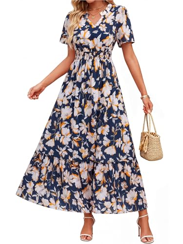 Simplee Womens Summer Floral Maxi Dress Wedding Guest Boho V Neck Short Sleeve Tiered Ruffle Beach Vacation Casual Dresses Navy White