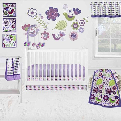 Bacati - Botanical Floral Birds Purple Multicolor 10 pc Crib Bedding Set with 2 Crib Fitted Sheets