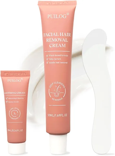 Facial Hair Removal Cream Kit for Women – Depilatory & Post Care Soothing Cream, 4 Min Painless & Flawless Face Hair Remover, Gentle Plant Formula for Sensitive Skin