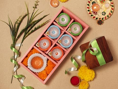 Premium Handmade Terracoaat Set of 7 Multicolor Clay Diya for Diwali Navratri Decorations Oil Lamp Diwali Clay Mitti Diya Tea Light Holder Home Decor Festival Gifts Puja Items (Design1) - Image 3
