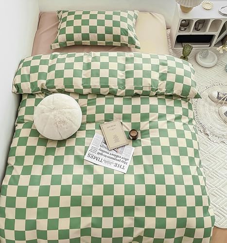 Image of KAREVER Green White Grid Comforter Set King Sage Green Plaid Bedding Set Women Light Green White Checkered Bed Set Breathable Blanket Set Men Durable Bedding Comforter Set