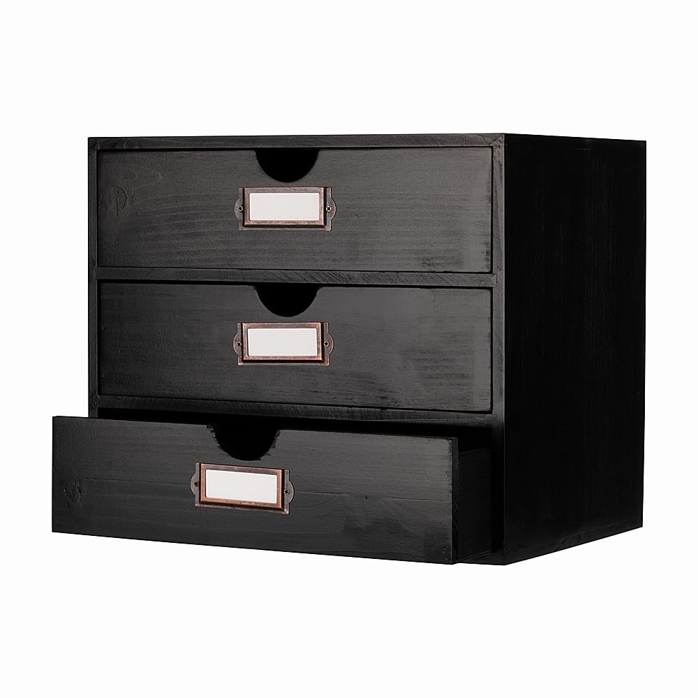 PACKGILO Wooden Storage Box Rustic Desktop Organizer with 3 Drawers Office Desk Accessories Shelf Large Craft Storage Containers Apothecary Cabinet and Chest Jewelry Holder for women(BLACK)