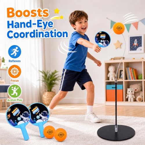 Image of Space Theme Table Tennis Trainer for Kids|Indoor Ping Pong Set with Elastic Rebound Shaft|Includes 1 Base,2 Rackets,2 Balls & 1 Wire Sleeve|Active Sports Toy for Reflex & Coordination