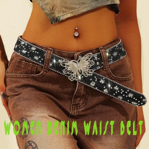 Image of Ursumy Women Denim Waist Belt Blue Jean Belt Butterfly Waist Belt Y2K Belt for Jeans Pants Ladies Cowgirls Cowboys Belt