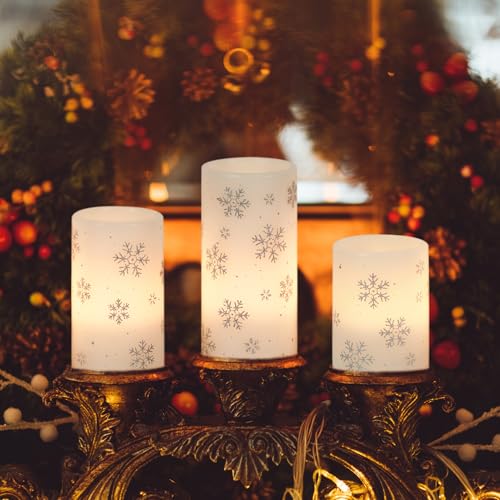 Image of Eldnacele Christmas Flickering Flameless Candles with 6 Hour Timer, Silver Snowflake Decal Battery Operated Real Wax LED Pillar Candles Home Tabletop Holiday Decor(3Pcs,3x4 /5 /6 Inches)