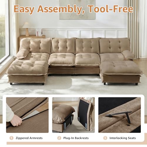 Image of 107 inch Sectional Couches for Living Room, Light Coffee 3 Seater Modern Chenille Deep Seat Sofa Set, Salas para Casa, High Back Cloud Couch Modular Sectional Sets