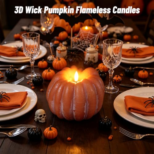 Image of Wondise Orange Fall Decorations Real Wax Pumpkin Candles with Remote Timer
