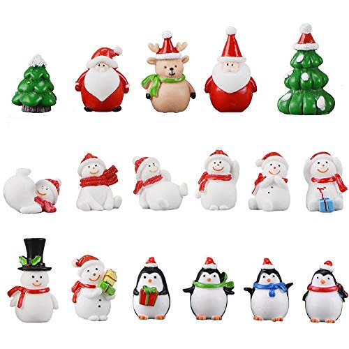 Décoration de Noël Figurines, 17 Pièces Résine Miniatures Figurines de Noël Table Décor Ornament Kits Arbre de Noël Père Noël Pingouin Bonhomme de Neige Enfant Noël Cadeau pour Garden Dollhouse Décor Cover