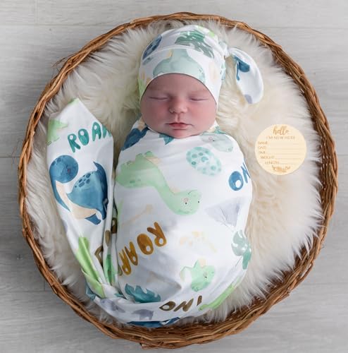 Image of Newborn Swaddle Sets with Headband Beanie and a Name Card Baby Snug Wrap Receiving Blanket for Baby Boys Girls (Green Dinosaur)