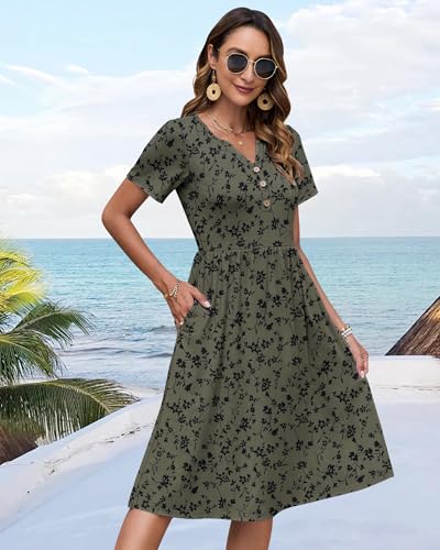 Image of WNEEDU Women V Neck Button Down Empire Waist Midi Summer Dress with Pockets