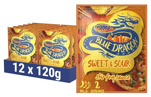 Blue Dragon Sweet & Sour Stir Fry Sauce Sachets Pack of 12 (12 x 120g) - Mild Spice - Vegan No Artificial Flavours or Colours - Quick & Easy to Cook - Stir Fry Cooking Sauce