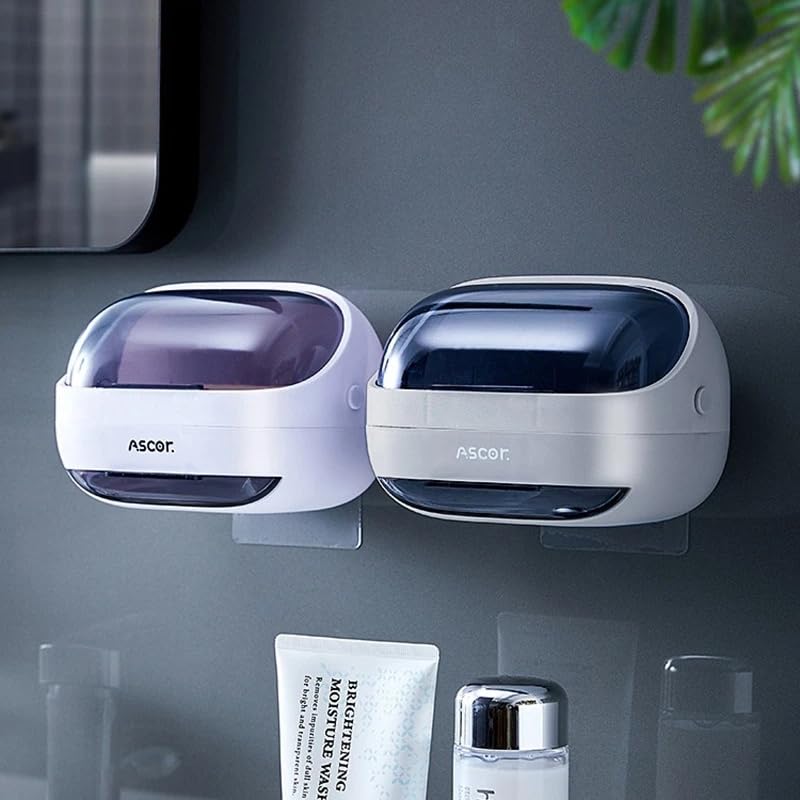 Image of K.K. VillA Wall Mounted Soap Box with Lid, Drain Tray & Waterproof Cover | Self Adhesive Soap Holder for Bathroom & Kitchen | No Drilling | Dual Layer Soap Case Keeps Soap Dry & Clean (2)