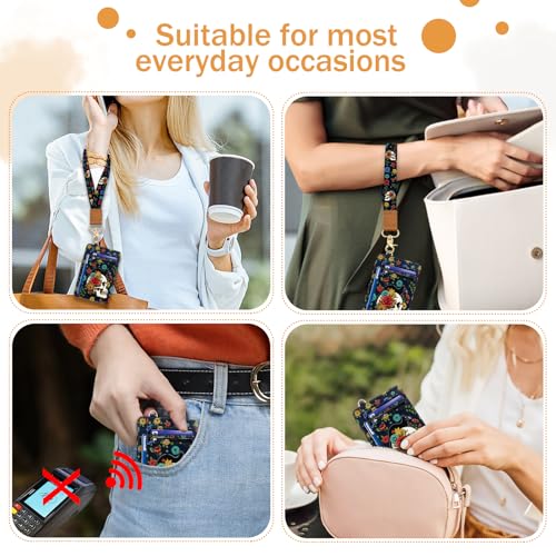 Image of Yonlevres Skull Cat Credit Card Holder Slim RFID Wallet Women Wristlet Gift | Front Pocket, Handy, RFID Blocking, Woman Girls Ladies Gifts, D-ring for Keychain,Thin Mini Card Case, ID Window, PU Leather