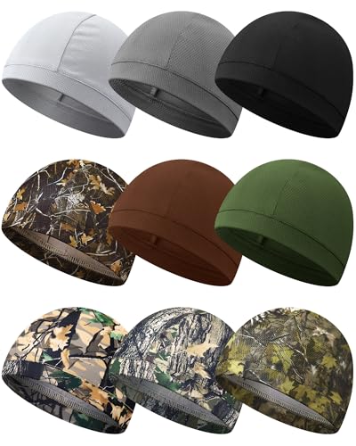 Image of 9 Pcs Cooling Skull Cap Camo Liner Sweat Wicking Lightweight Cycling Cap Running Hat for Men Women