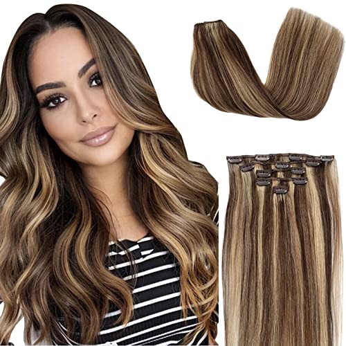 Image of Clip in Hair Extensions Real Human Hair Blonde Balayage Brown Seamless Silky Straight 22 Inch Clip ins Hair Extensions Blonde Highlights on Brown Hair 70g 5pcs