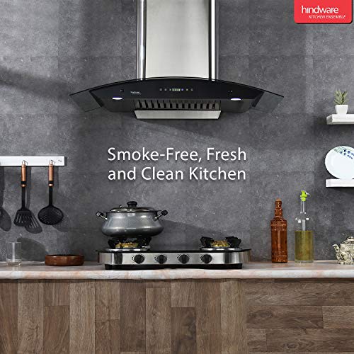 Image of Hindware Smart Appliances | Nevio 90 cm Chimney | 1200 CMH | Curved Glass | Auto Clean | Touch with Gesture Control | 10 Yrs Warranty on Motor & 2 Yrs on Product (1 Baffle Filter, Steel /Grey)