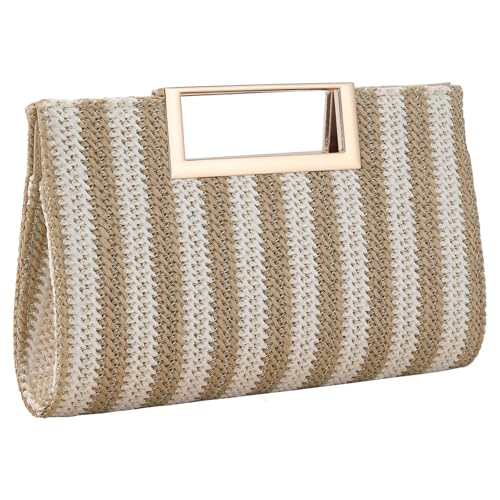 Image of Women's Straw Raffia Clutch Purse, Top Handle Woven Handbag with Crossbody Strap, Summer Beach Shoulder Bag