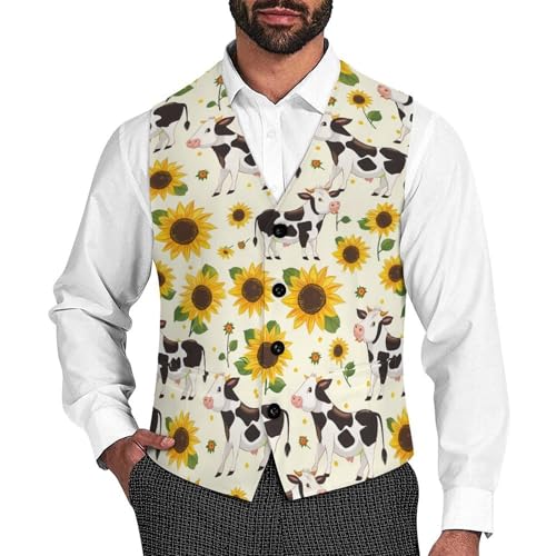 Cow with Sunflower Men's Suit Vests Business Formal Dress V-Neck Waistcoat Tops with 2 Pockets