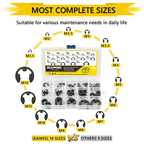 External Retaining Rings, 330Pcs Alloy Steel Retaining Rings E-Clip Assortment Set-M1.5 M2 M2.5 M3 M3.5 M4 M5 M6 M7 M8 M9 M10 M12 M15 E-Clips Retainer Circlip Rings For Bearings, Gears, Pulleys, Axles #TOP4