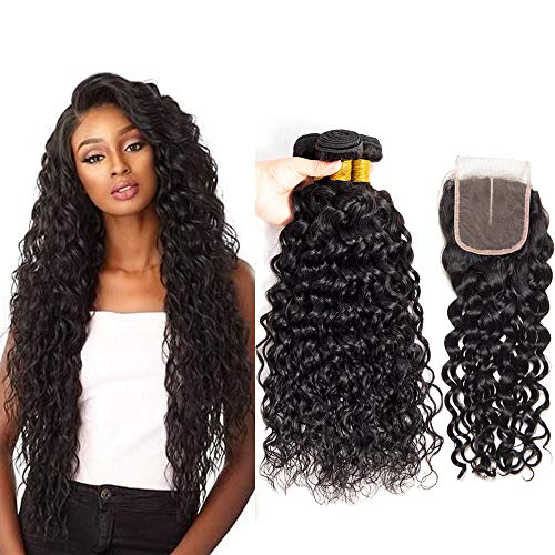Brazilian Water Wave Human Hair 3 Bundles with Closure Brazilian Virgin Hair Weft with Lace Closure Middle Part Natural Black (22 24 26 with 20 inch closure)…