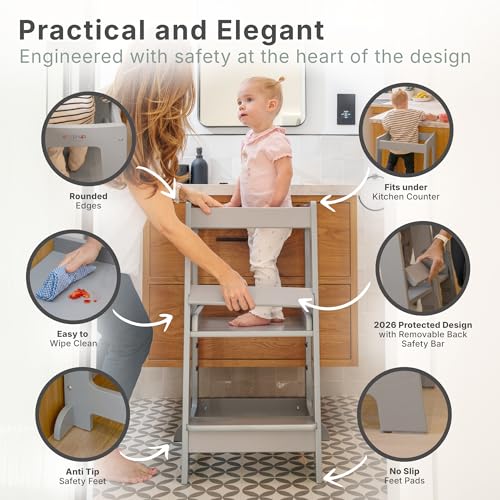 Image of Stepup Baby Toddler Standing Tower - 3 Level Adjustable Wooden Kitchen Step Stool, Bathroom Sink, Kitchen Counter, Kids 18 Months to 4 Years Gift - Gray
