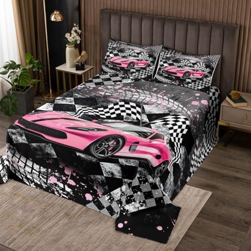 Girls Boys Racing Quilt Set Queen Size,Kids Race Car Lightweight Coverlet Bedspread,Extreme Sports Bed Cover Set,Teens Youth Cool Car Bedspread 3 Piece (1 Quilt,2 Pillow Shams)
